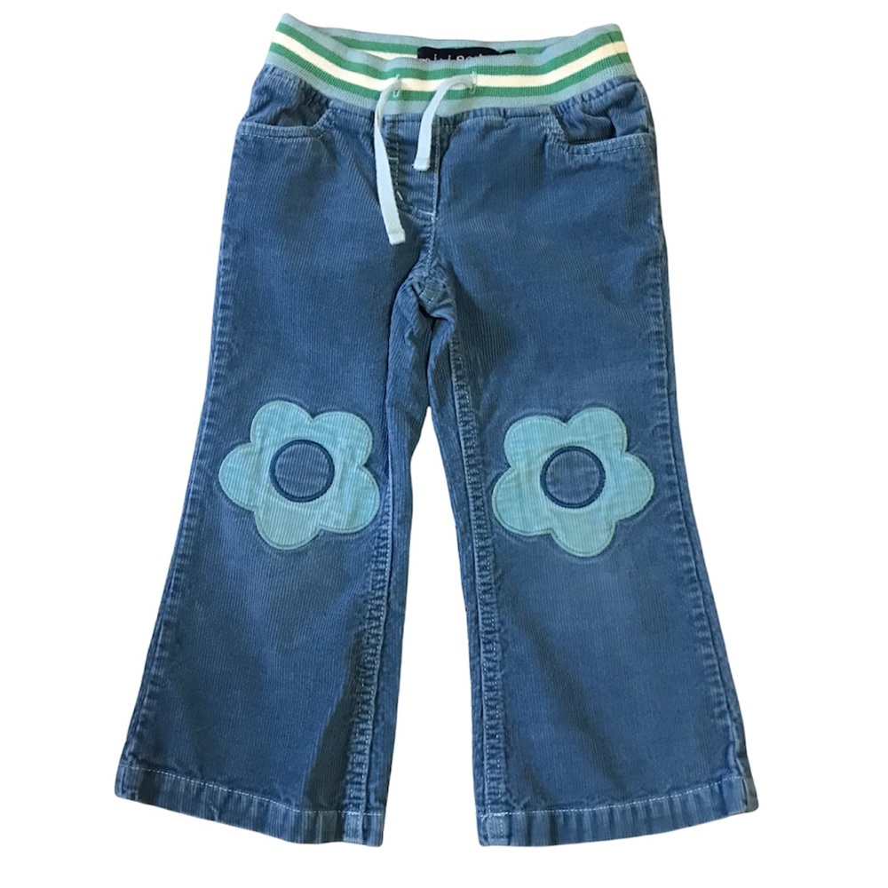 Mini Boden blue corduroy pull on flare pants with flower knees